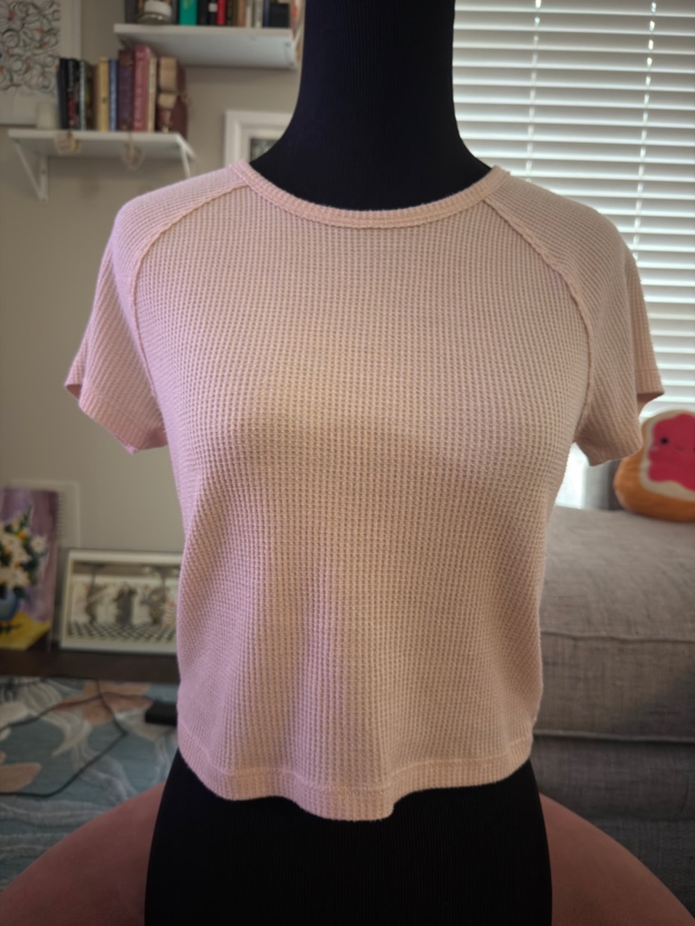 waffle-like Short-Sleeve crop top- Light Pink
